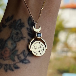 The Moon face and The Sun face tarot card necklace , gemstone tarot card detail necklace , rotated day and night 925 sterling silver pendant