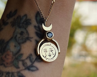 The Moon face and The Sun face tarot card necklace , gemstone tarot card detail necklace , rotated day and night 925 sterling silver pendant