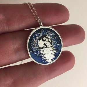 Full Moon colored illustration silver necklace