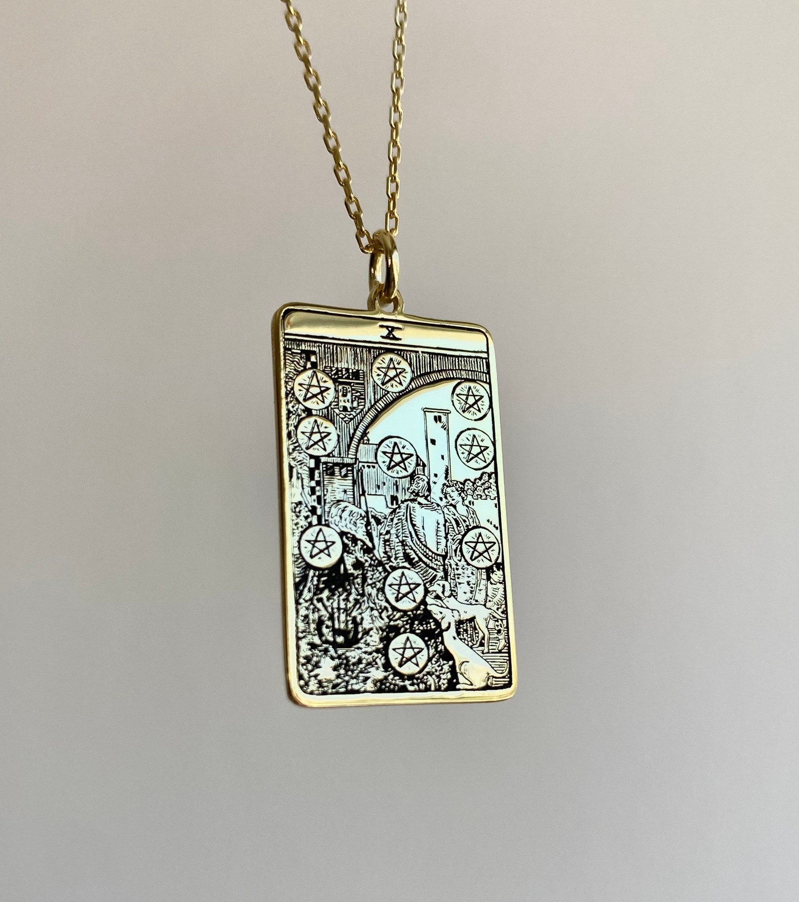 Ten Of Pentacles 14 K Solid Gold Tarot card necklace Etsy