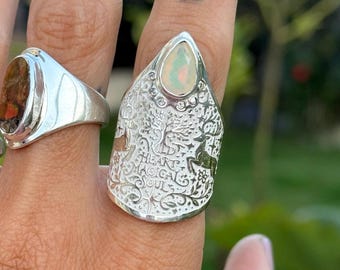 Enchanted Deer Shield Ring – Pear Cut Opal & Moissanite, Engraved Sterling Silver Art Nouveau Ring