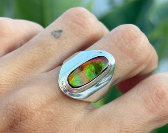 Natural Ammolite Ring – Sterling Silver Statement Signet Ring – Iridescent Green Red Gemstone – One of a Kind Artisan Ring
