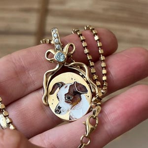 Custom Pet Portrait Necklace: Handpainted Sterling Silver, Gemstone Bow