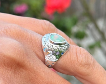 Natural Ethiopian Opal Swan Signet Ring – Hand Painted Enamel Sterling Silver Fantasy Jewelry