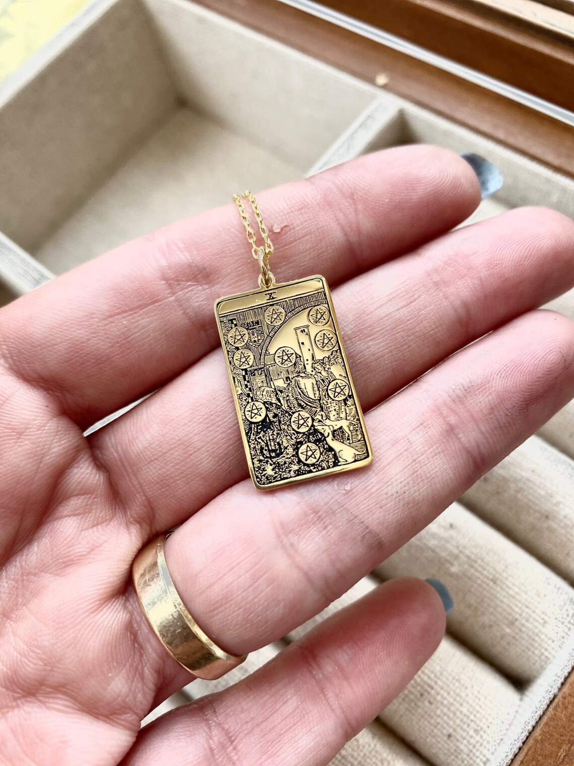 Ten Of Pentacles 14 K Solid Gold Tarot card necklace Etsy