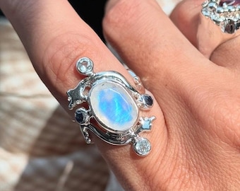 Sterling Silver Moonstone Snake Ring, Sapphire Aquamarine Celestial Statement Ring