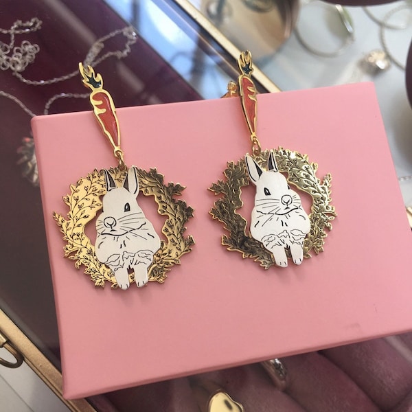 Rabbits and carrots silver earrings , bunny earrings