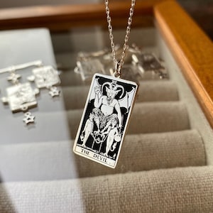 Collana con carta dei tarocchi, collana in argento sterling 925 con carta dei tarocchi del diavolo, ciondolo unisex con tarocchi, collana con mazzo di tarocchi di rider waite