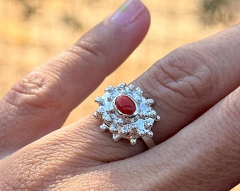 Handmade Sterling Silver Sea Urchin Ring – Natural Coral Cabochon, Organic Marine Jewelry