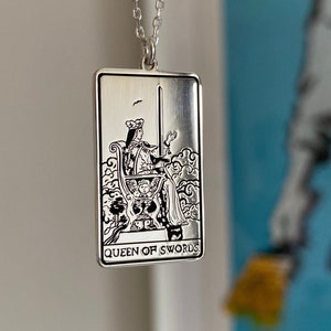 Rider waite tarot card deck Queen of swords tarot card 925 sterling silver necklace - unisex tarot card pendant