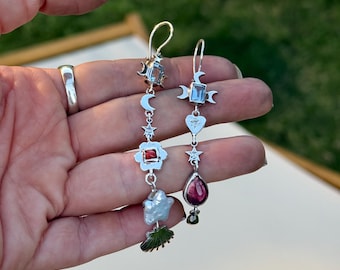 Handmade Mismatched Celestial Earrings – Sterling Silver, Blue Topaz, Coral, Pearl