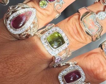 Handmade Sterling Silver Green Tourmaline Moissanite Halo Ring, Amethyst Accents, Organic Sculptural Band