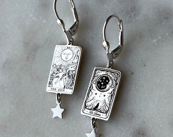 Tarot card earrings , La Luna and The Sun Tarot Card 925 sterling Silver Earrings , christmas gift for her , celestial stars jewelery