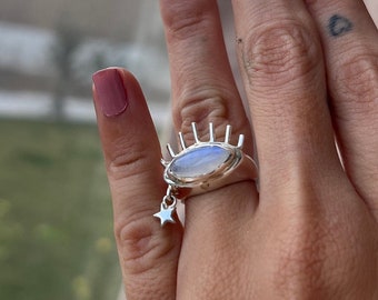 Handmade Sterling Silver Moonstone Ring with Star Charm
