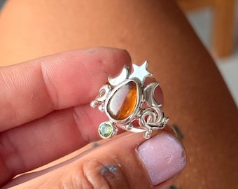 Celestial Garnet & Peridot Ring – Art Nouveau Sterling Silver Ring, Teardrop Cabochon Garnet, Moon and Stars, Whimsical Statement Ring