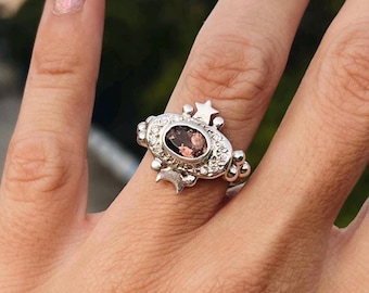 ハンドメイドルビーハローリング：スターリングシルバー7月の誕生石