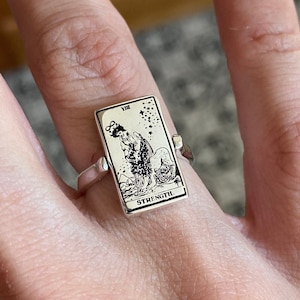 Anello in argento con carte dei tarocchi, anello in argento sterling 925 con carte dei tarocchi The Strength X The Star a doppia faccia