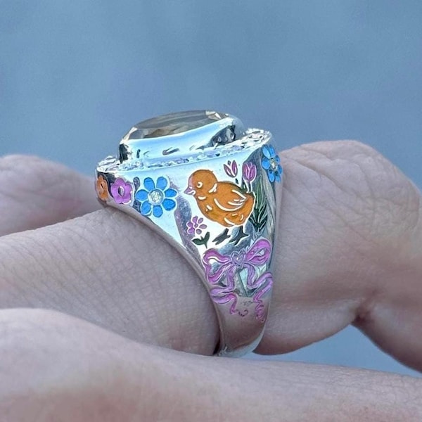 Hand-Painted Enamel Citrine Chick Ring, Sterling Silver Storybook Jewelry