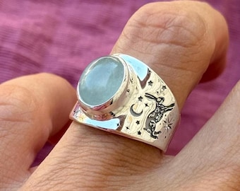 Aquamarine Celestial Signet Ring, Sterling Silver Engraved Star Ring, North Star Moissanite Ring, Oval Gemstone Ring, Celestial Jewelry