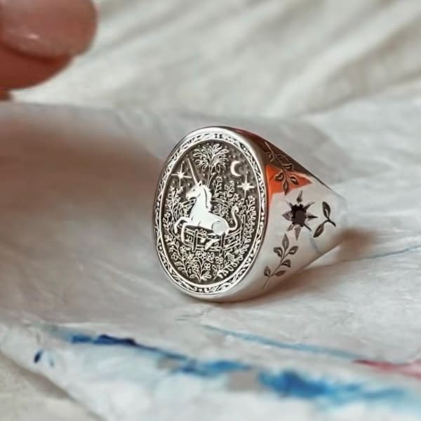 Engraved Unicorn Sterling Silver Ring – Sapphire Accents, Mythical Jewelry