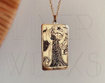 14k solid Gold tarot necklace , Star tarot card 14k solid gold necklace , Linerworks special illustration series