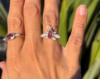 Rose Cut Pink Tourmaline Butterfly Ring, Sterling Silver Fairy Jewelry