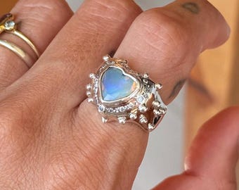 Heart Cut Ethiopian Opal Ring, Organic Sterling Silver, Moissanite Halo, Whimsical Fairycore Jewelry