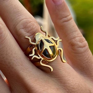 Anillo de escarabajo de plata bañado en oro – Turquesa oculta, joyería egipcia