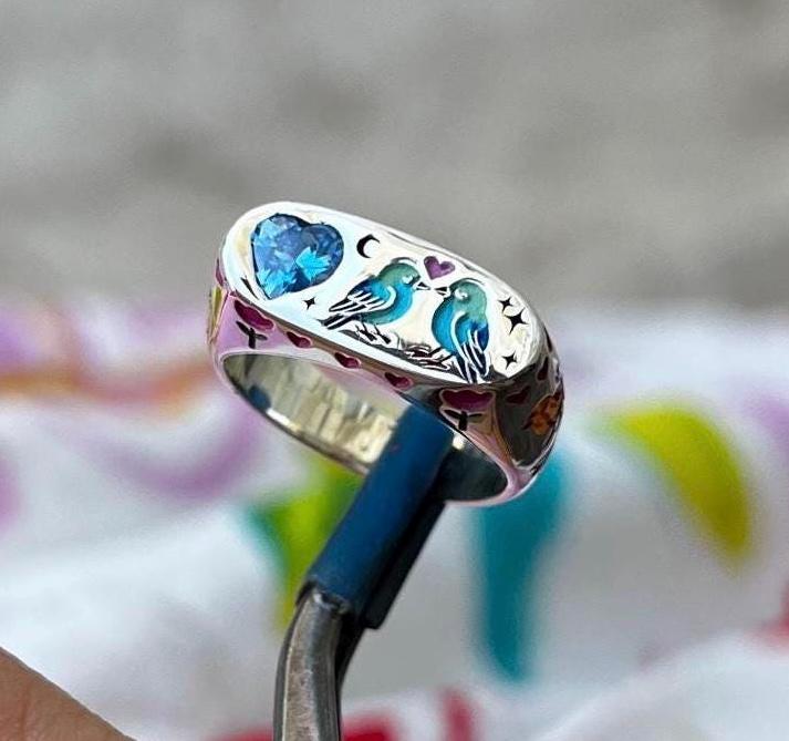 Hand-painted Sterling Silver Ring: Blue Zircon Heart, Lovebirds and ...