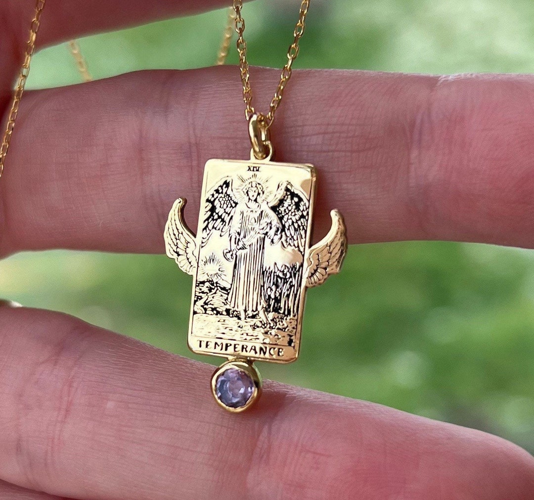 Tarot Card Necklace , Tiny Temperance Tarot Card With Amethyst Gemstone