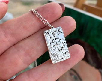 Double-sided Wheel of fortune X The Strength tarot card 925 silver necklace