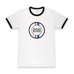 May include: White t-shirt with a black ringer neck and a black and white circle with the number 208 inside. The circle has a red and blue stripe.