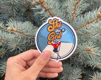 Retro Ski Like A Girl Sticker, Scrapbook Sticker, Vintage Car Window Decal, Ski Resort Sticker Decal, Ski Lover Gift, Waterproof Vinyl Decal