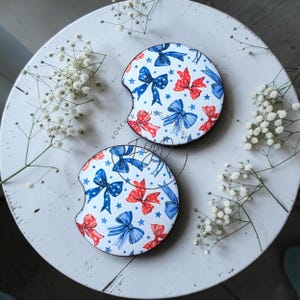Red White and Bows Car Coasters | 2.75" | Cup Holder Inserts | Forever Young Designs