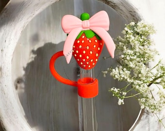 Coquette Strawberry Bow Straw Topper | 10mm Silicone Tumbler Accessory | Cute Summer Cup Charm | Berry Aesthetic | Soft Girl | Ready to Ship