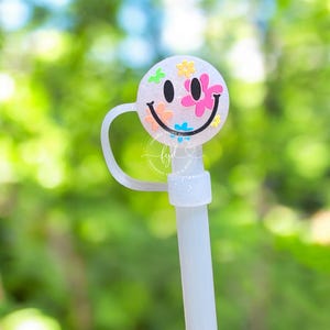 Retro Floral Smiley Face Straw Topper | 10mm | Clear or Pink | Groovy Tumbler Accessory | Flower Drinkware Decor | Gifts Under 10