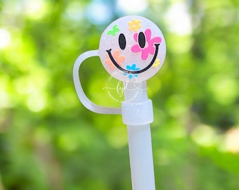 Retro Floral Smiley Face Straw Topper | 10mm | Clear or Pink | Groovy Tumbler Accessory | Flower Drinkware Decor | Gifts Under 10