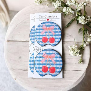 Cherry Sweet Car Coasters | Gingham & Cherries | Cute Coquette Car Accessories | Neoprene Cup Holder Inserts | Ready to Ship Gifts