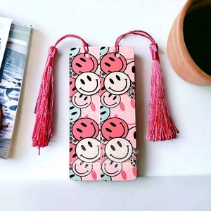 Smiley Mood Bookmark | Pink & Leopard Print Smileys | Aluminum Bookmark with Red Tassel | Forever Young Designs | Ready to Ship Gifts