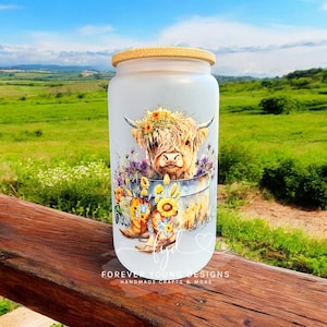 Highland Cow Glass Cup | Frosted Glass Can | Sunflower Cowgirl Cup | Boho Farmhouse Drinkware | Western Cow Cup | Ready to Ship Gifts