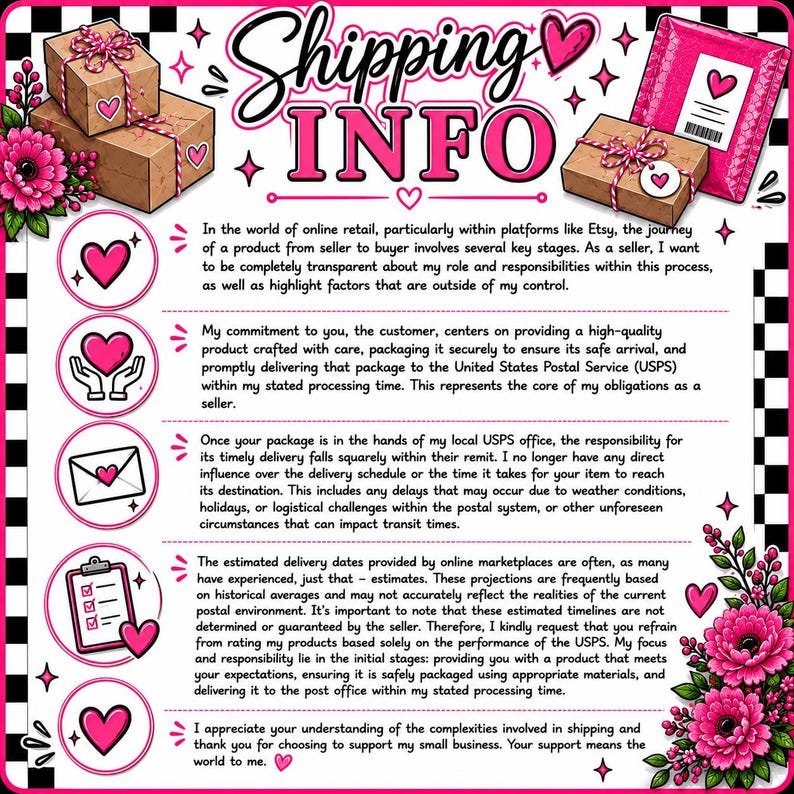 Pu&ograve; includere: Un grafico informativo con bordo a scacchi bianco e nero, accenti floreali rosa e icone a forma di cuore. Presenta il testo Shipping INFO, seguito da quattro paragrafi che descrivono le responsabilit&agrave; del venditore e i tempi di consegna.