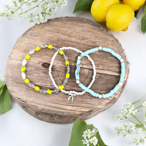 Tumbler Bracelet Stack | Lemon Aesthetic Bracelets | Pale Blue Bracelet Set | Yellow Beaded Stretch Bracelets | Coquette Tumbler Accessories