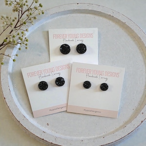 Midnight Sparkle Druzy Earrings | Hypoallergenic Black Studs | 8mm | 10mm | 12mm | Forever Young Designs