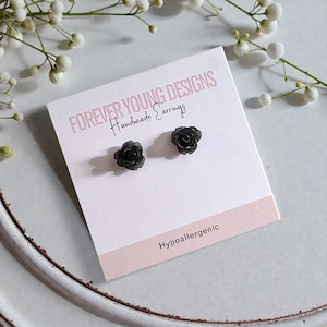 Raven Bloom Earrings | Black Rose Studs | 10mm | Hypoallergenic | Stainless Steel | Forever Young Designs