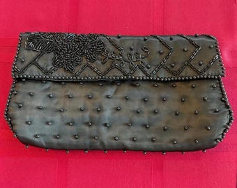 Vintage BonSoir Black Beaded Clutch Purse – Hand Made Japan, Italian Beads – Evening Bag