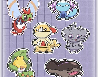 Lote de adesivos de vinil Pokepals: Wooper, Clodsire, Yanma, Espurr, Scraggy, Sewaddle