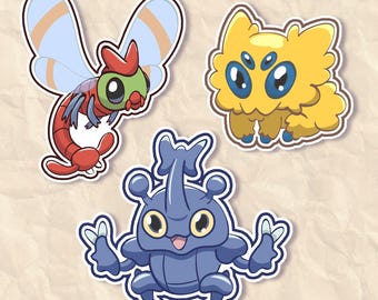 May include: Three die-cut stickers featuring cartoon creatures: a red and green dragonfly-like insect with light blue wings, a fluffy yellow multi-eyed creature, and a dark blue beetle-like insect with a large horn and raised arms.