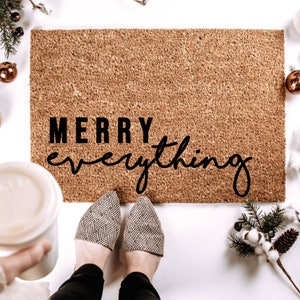 Merry Everything Coir Natural Beige Holiday Doormat 30&quot; x 18&quot;: Custom Hand Painted