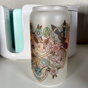 Eeevee Revolution Glass Cup | Eeveelution Glass Can with Lid and Straw