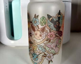 Eeevee Revolution Glass Cup | Eeveelution Glass Can with Lid and Straw